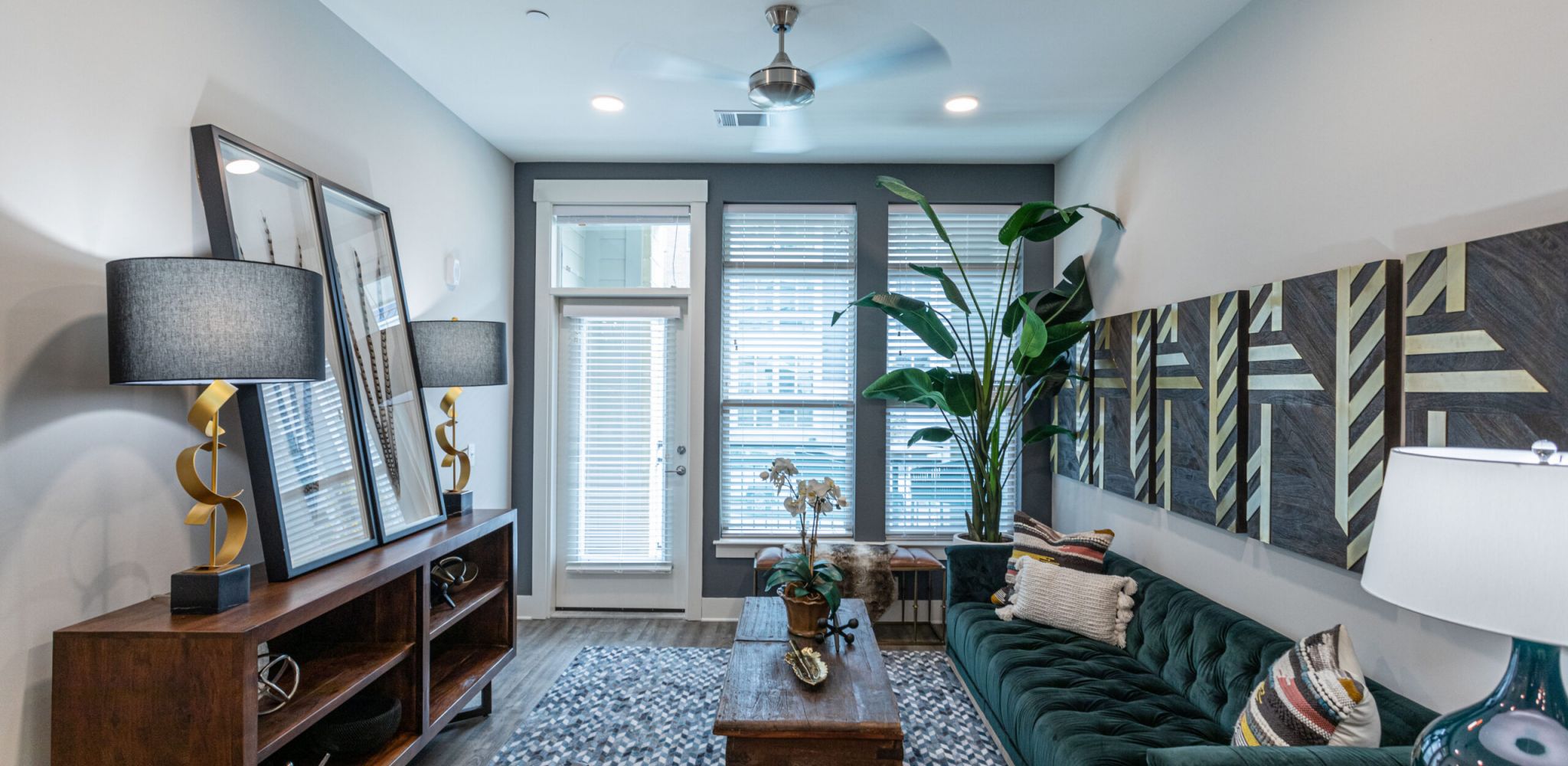 Spacious balcony with table and large windows